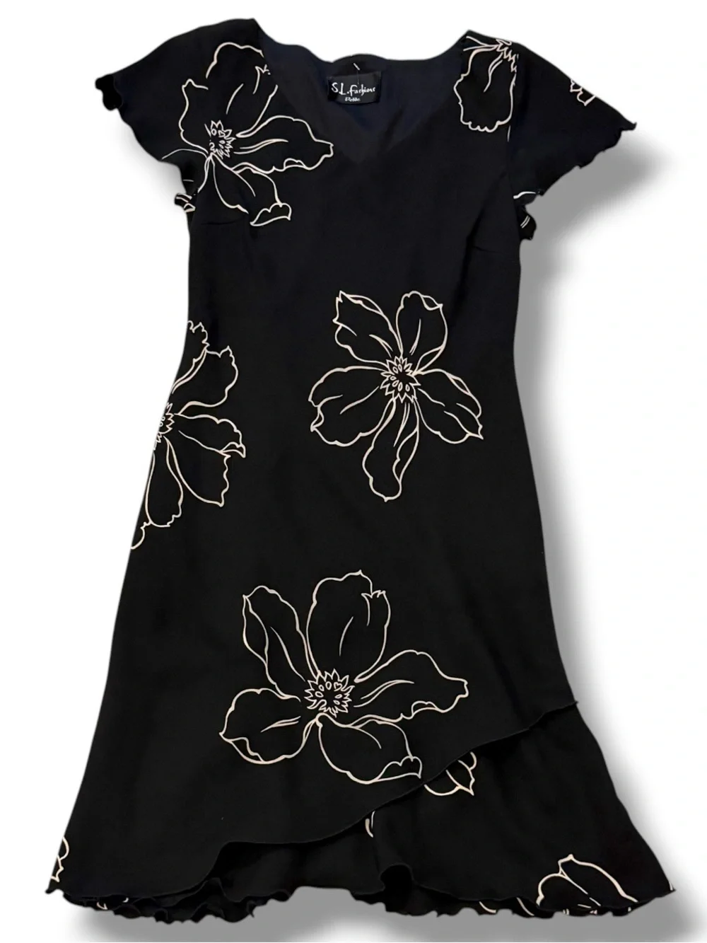 SL Fashions Black Floral Embroidered Midi Dress V Neck Ruffle Hem Y2K Cocktail